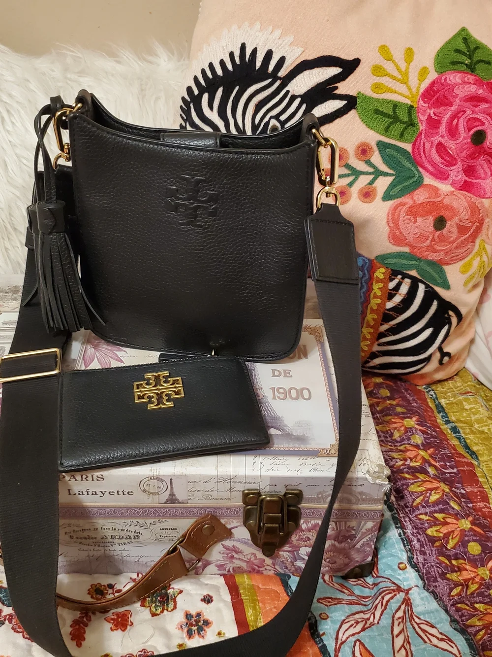 Tory Burch Thea Mini Web Leather Shoulder Crossbody & Zip Card Pouch MSRP $295